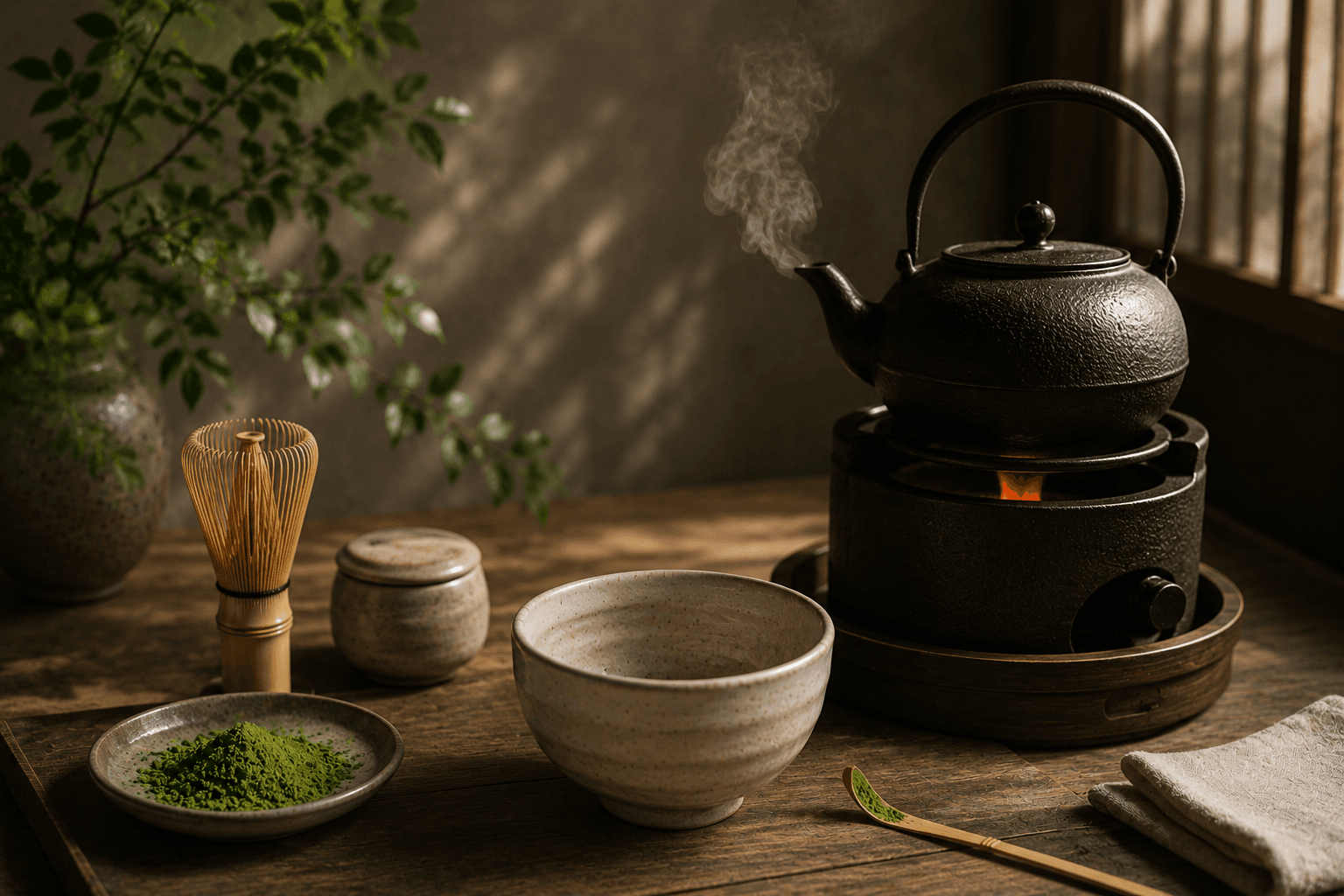 Peralatan matcha tradisional dengan teko besi beruap, chasen bambu, chawan, dan bubuk matcha