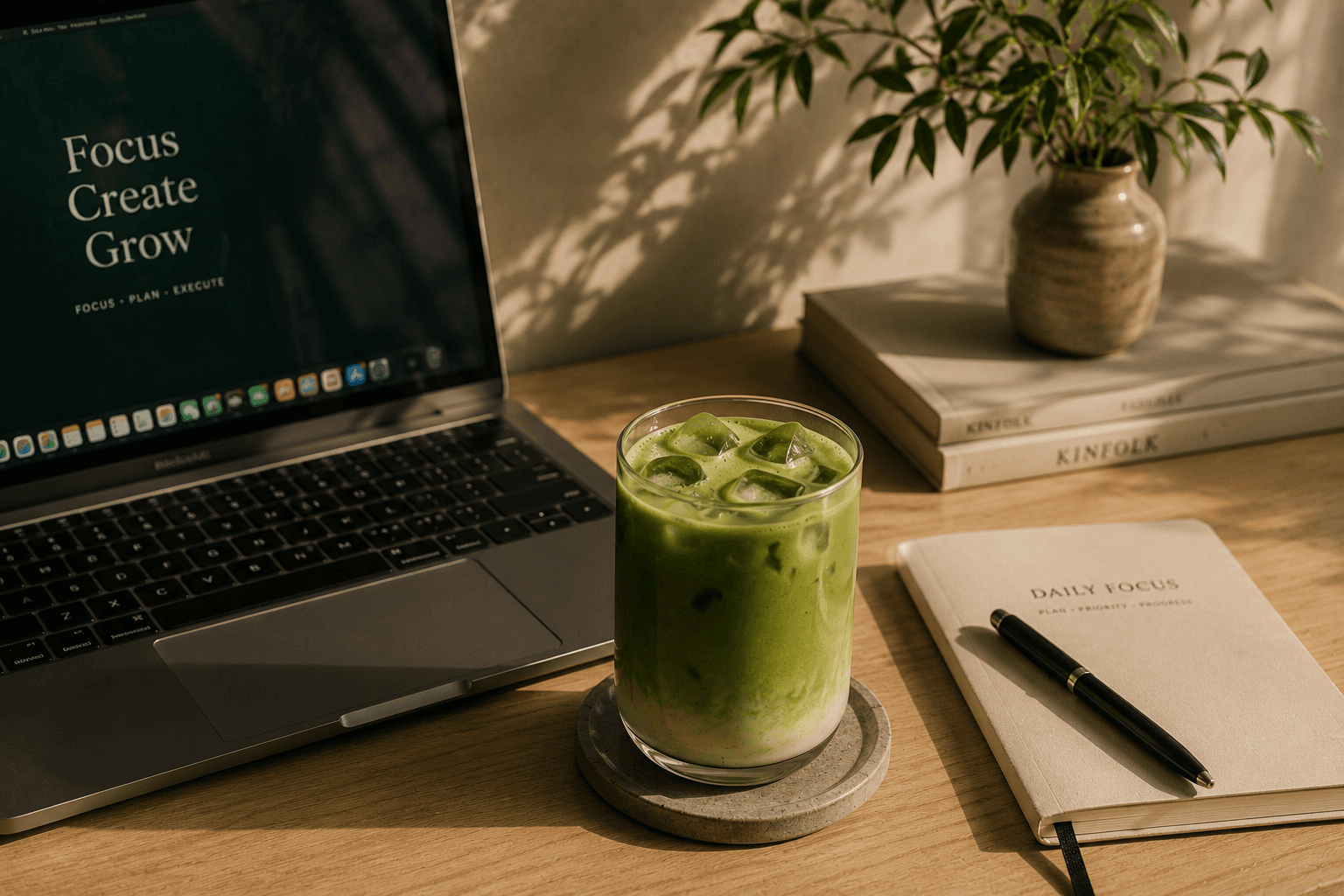 Iced matcha latte di meja kerja dengan laptop, jurnal, pena, buku, dan tanaman