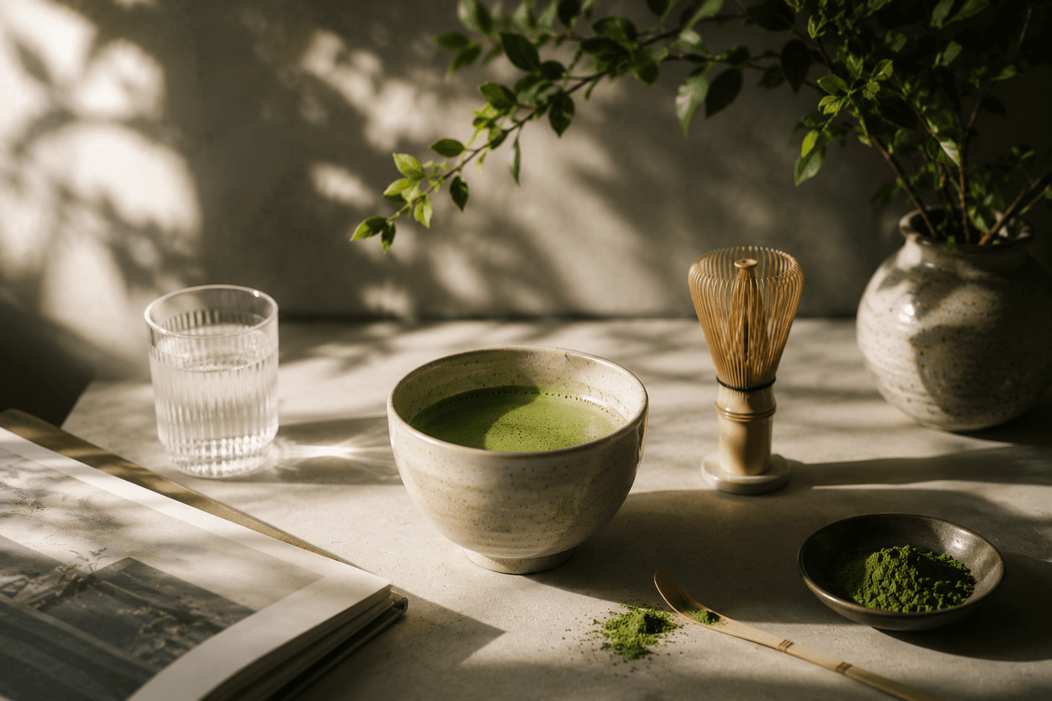 Semangkuk ceremonial matcha hangat dengan chasen bambu, gelas air, dan bubuk matcha dalam cahaya pagi yang lembut