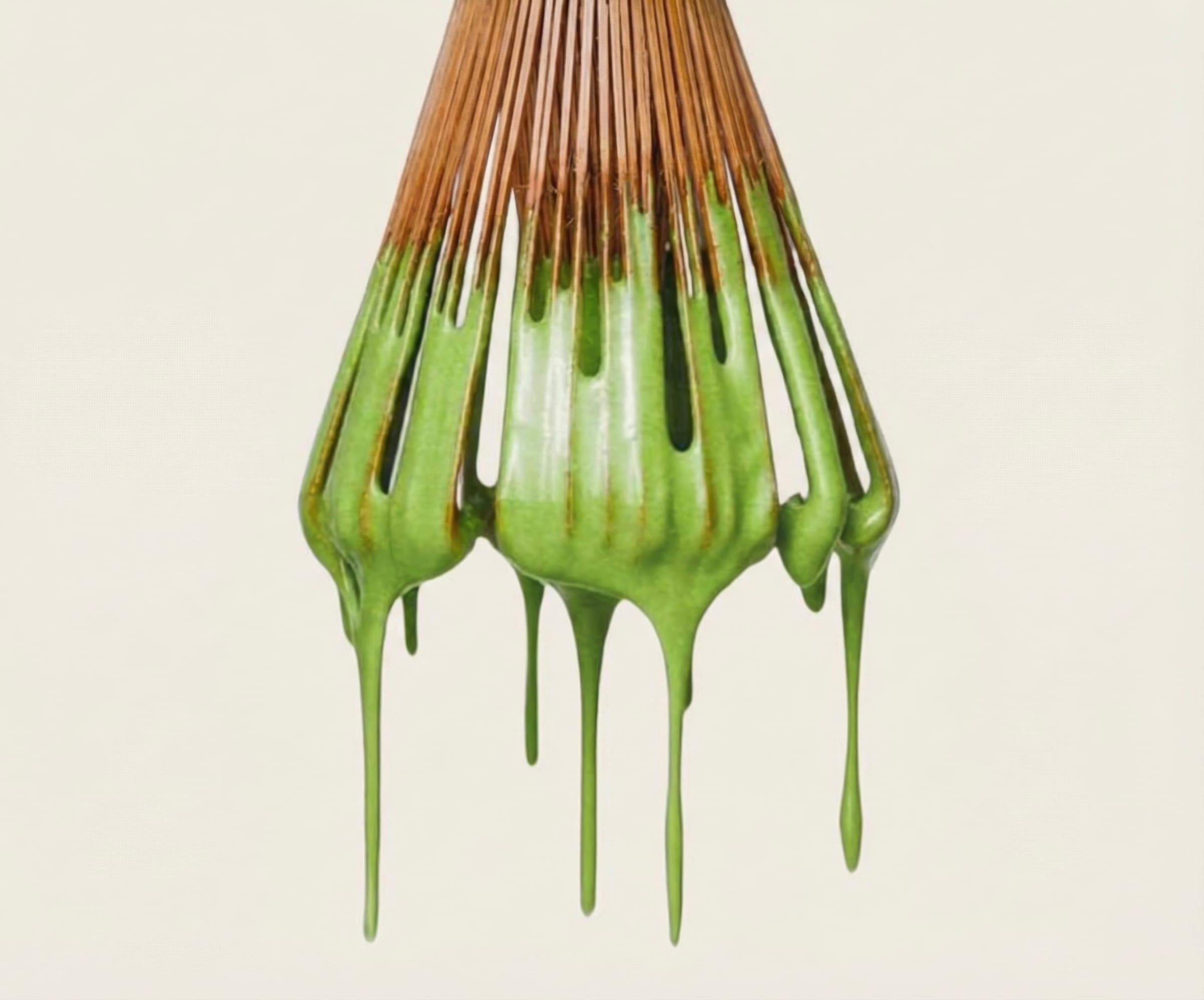 Bamboo chasen whisk covered in green matcha for a Japanese matcha ritual
